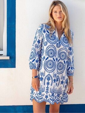 Mersea Edie Embroidered Tunic Dress Blue/White Embroidered Mini Dress